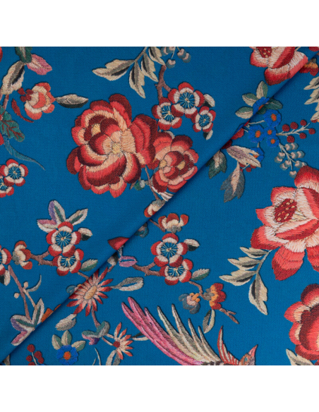 Crêpe imprimé - Fleurs et oiseau fond bleu