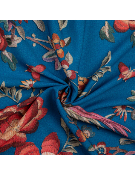 Crêpe imprimé - Fleurs et oiseau fond bleu