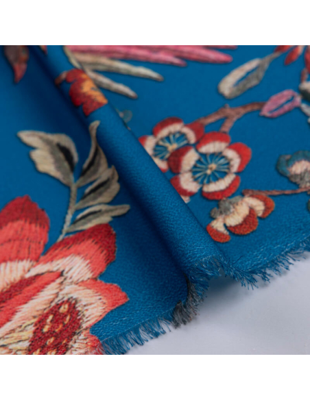 Crêpe imprimé - Fleurs et oiseau fond bleu