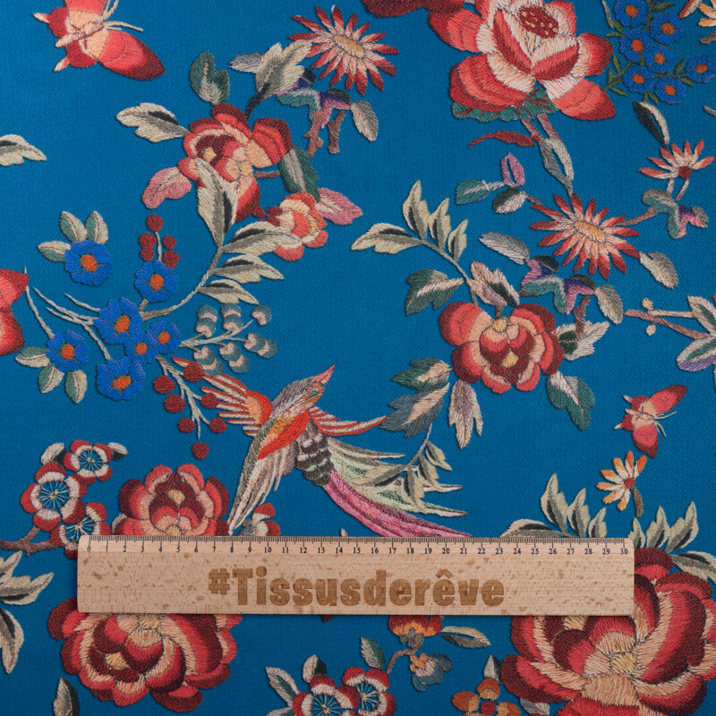Crêpe imprimé - Fleurs et oiseau fond...