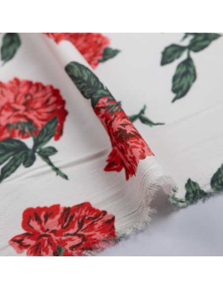Crêpe imprimé - Fleurs rouges fond écru