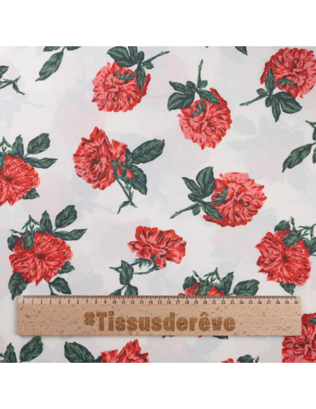Crêpe imprimé - Fleurs rouges fond écru
