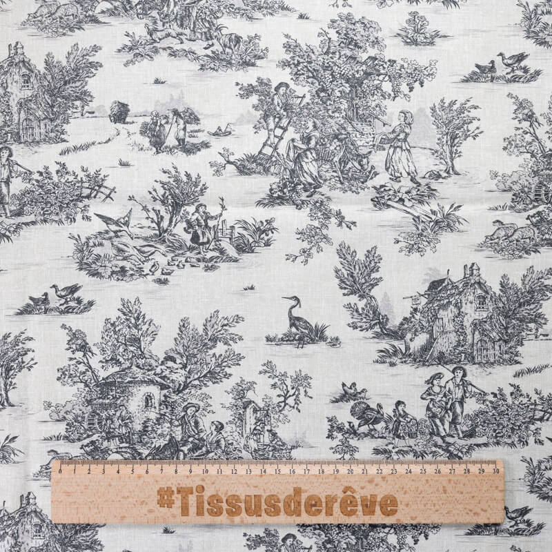 Tissu 100% coton Toile de Jouy - Noir