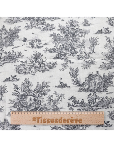 Tissu 100% coton Toile de Jouy - Noir
