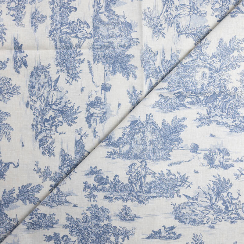 Tissu 100% coton Toile de Jouy - Bleu