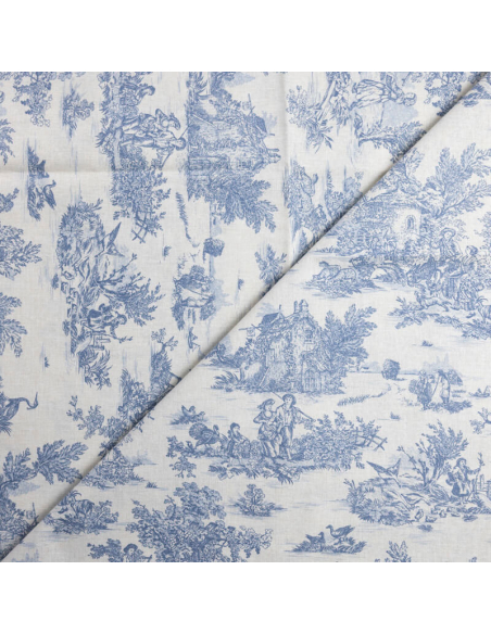 Tissu 100% coton Toile de Jouy - Bleu