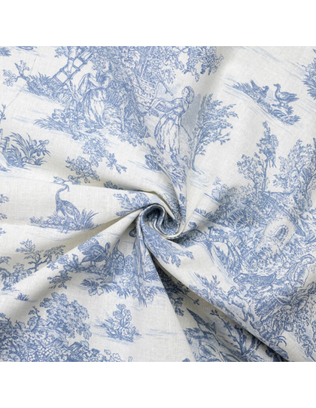 Tissu 100% coton Toile de Jouy - Bleu