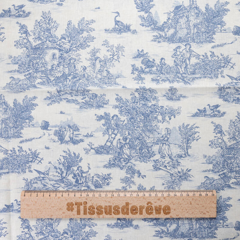 Tissu 100% coton Toile de Jouy - Bleu
