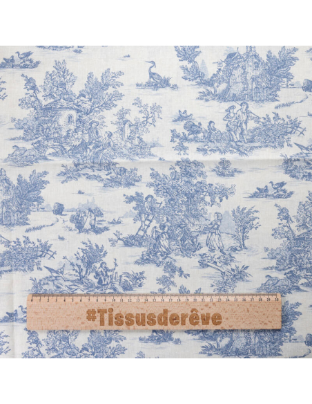 Tissu 100% coton Toile de Jouy - Bleu