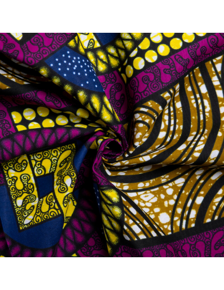 Tissu Wax 100% coton – Graphique violet et jaune (coupon de 2,70 mètres)