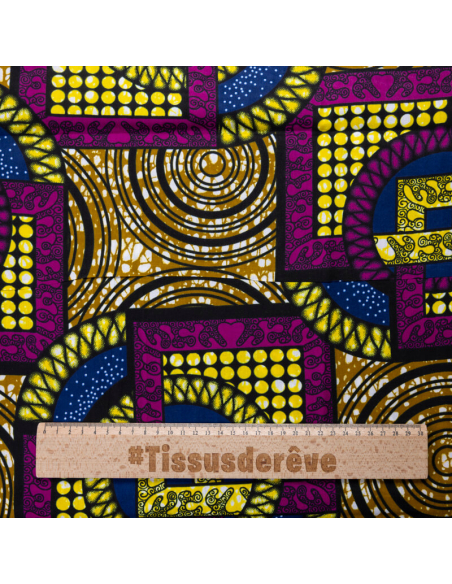 Tissu Wax 100% coton – Graphique violet et jaune (coupon de 2,70 mètres)