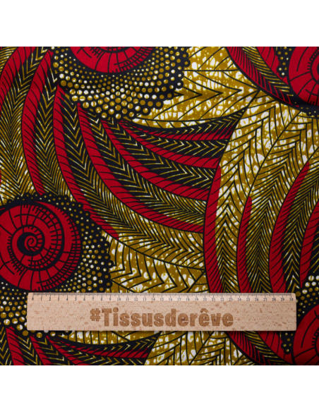 Tissu Wax 100% coton – Feuilles rouges et ocre (coupon de 2,70 mètres)