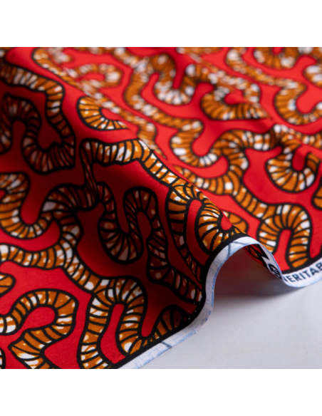 Tissu Wax 100% coton – Motif serpentin rouge (coupon de 2,70 mètres)