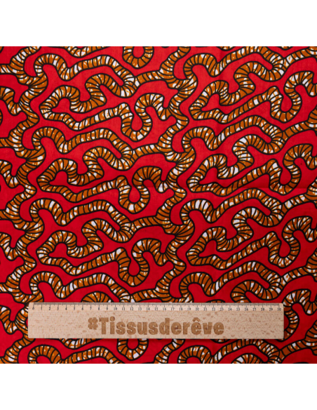 Tissu Wax 100% coton – Motif serpentin rouge (coupon de 2,70 mètres)