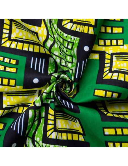 Tissu Wax 100% coton – Motif géométrique vert et jaune (coupon de 2,70 mètres)