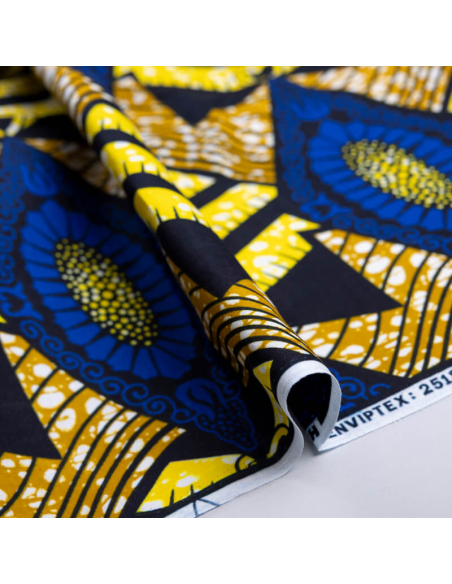 Tissu Wax 100% coton – Motif losanges bleus et jaunes (coupon de 2,70 mètres)