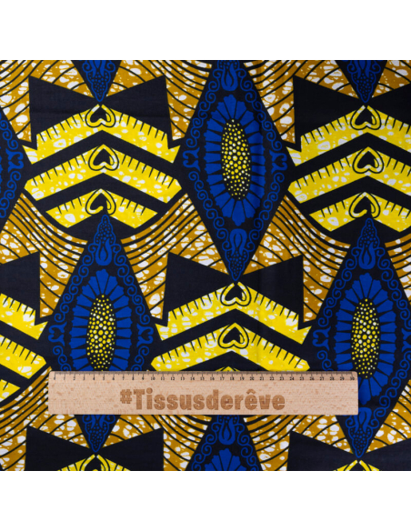 Tissu Wax 100% coton – Motif losanges bleus et jaunes (coupon de 2,70 mètres)