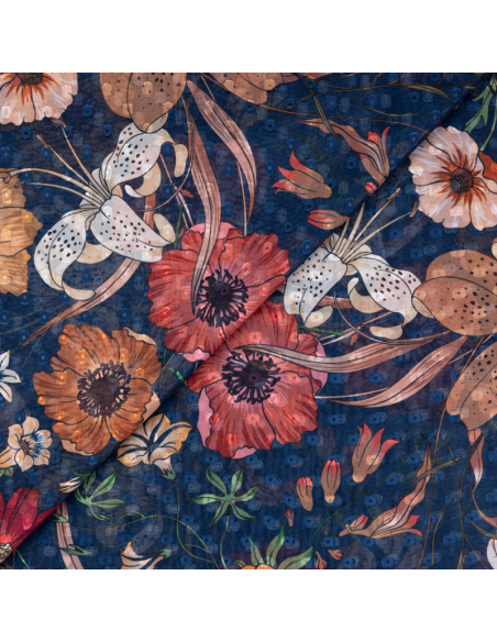 Mousseline jacquard – Fleurs sauvages fond bleu marine