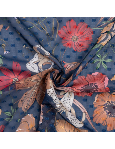 Mousseline jacquard – Fleurs sauvages fond bleu marine