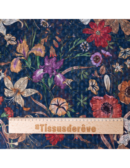 Mousseline jacquard – Fleurs sauvages fond bleu marine