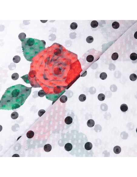 Mousseline jacquard – Roses rouges et pois noirs