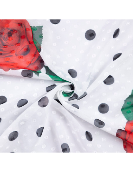 Mousseline jacquard – Roses rouges et pois noirs