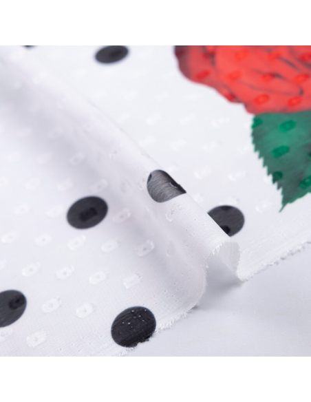 Mousseline jacquard – Roses rouges et pois noirs