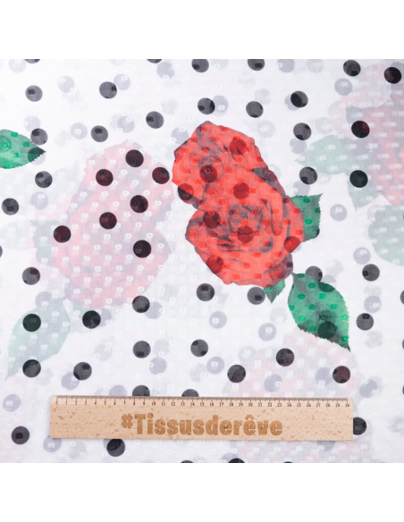 Mousseline jacquard – Roses rouges et pois noirs