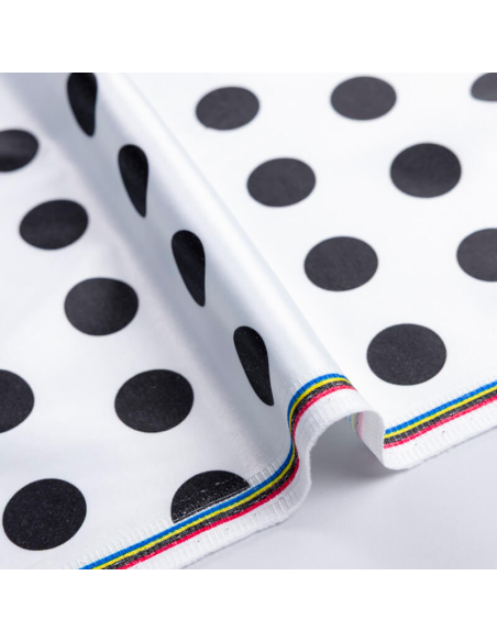 Satin coton & élasthanne – Pois noirs fond blanc