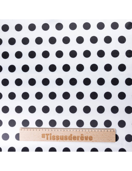 Satin coton & élasthanne – Pois noirs fond blanc