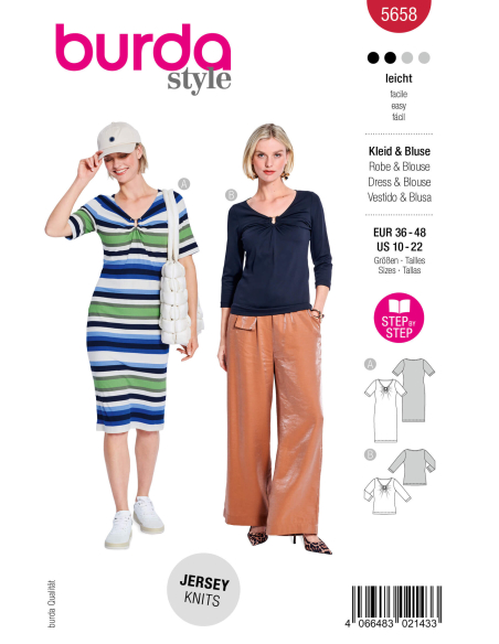 Patron Burda n°5658 – Robe en jersey et top à encolure froncée femme