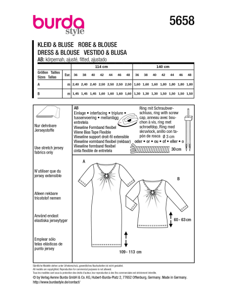Patron Burda n°5658 – Robe en jersey et top à encolure froncée femme