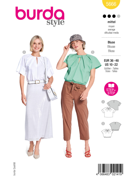 Patron Burda n°5666 – Blouses femme élégantes à plis décoratifs