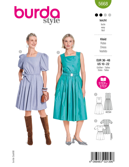 Patron Burda n°5668 – Robes rétro femme à encolure carrée