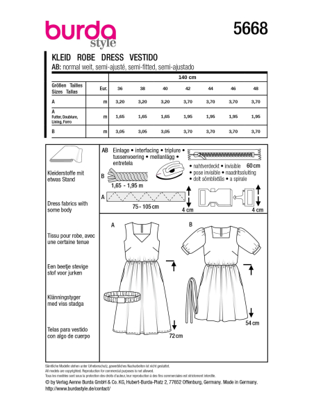 Patron Burda n°5668 – Robes rétro femme à encolure carrée