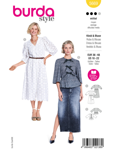 Patron Burda n°5669 – Robe midi romantique et blouse à manches bouffantes