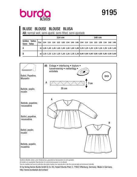 Patron Burda n°9195 – Blouse et tunique pour fille