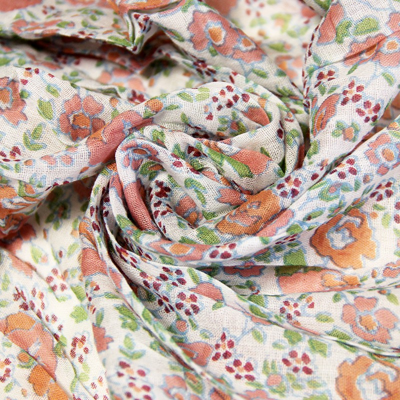 Étole 100% coton - Fleur orange & rouge fond blanc