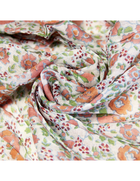 Étole 100% coton - Fleur orange & rouge fond blanc