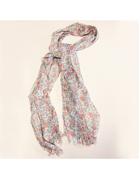 Étole 100% coton - Fleur orange & rouge fond blanc