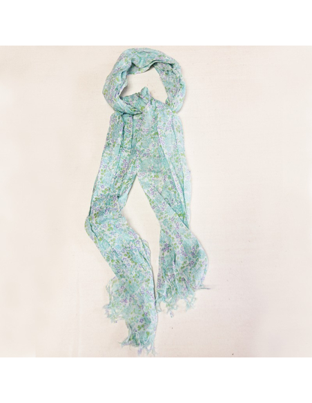 Étole 100% coton -  Fleur turquoise & violet fond blanc