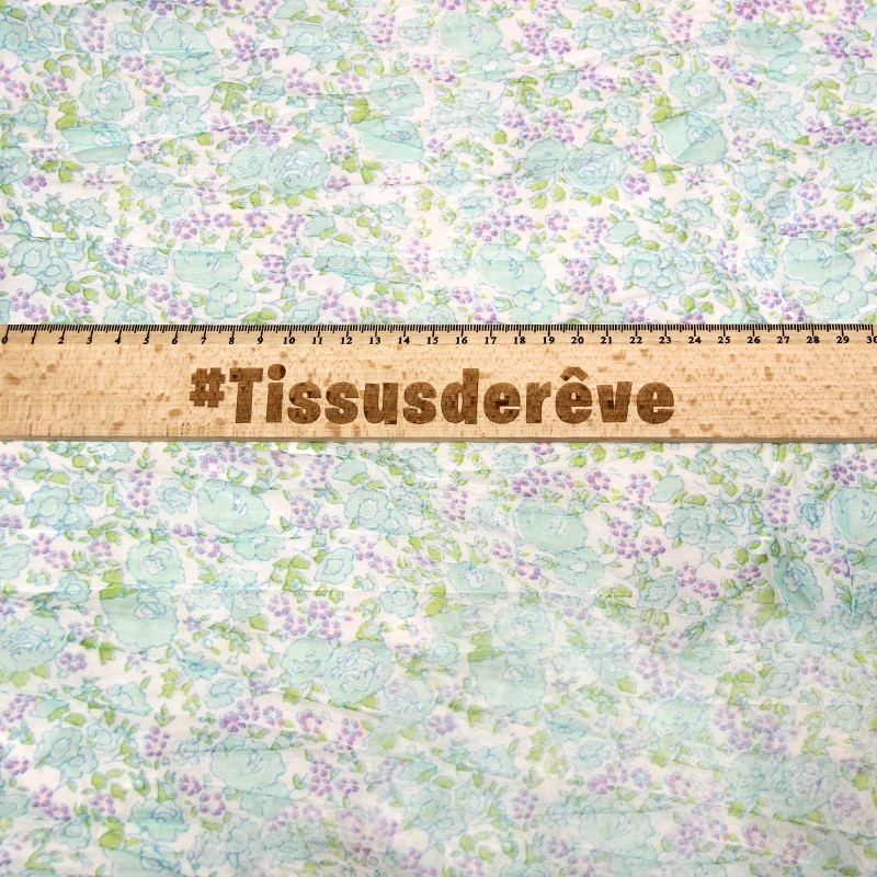 Étole 100% coton -  Fleur turquoise & violet fond blanc