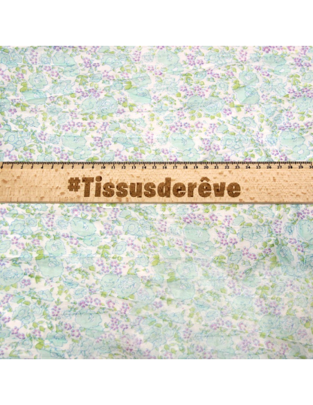 Étole 100% coton -  Fleur turquoise & violet fond blanc