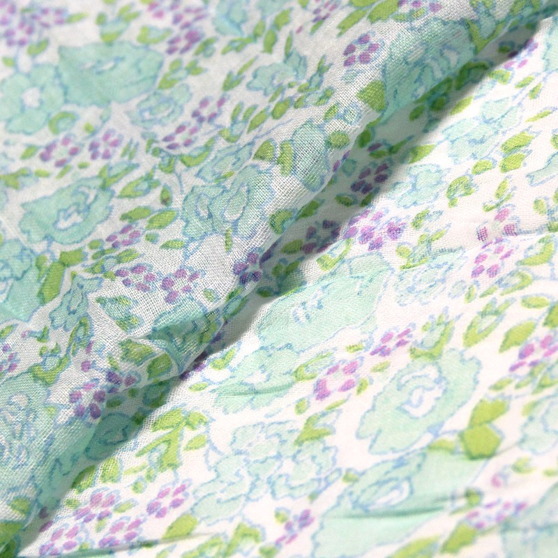 Étole 100% coton -  Fleur turquoise & violet fond blanc