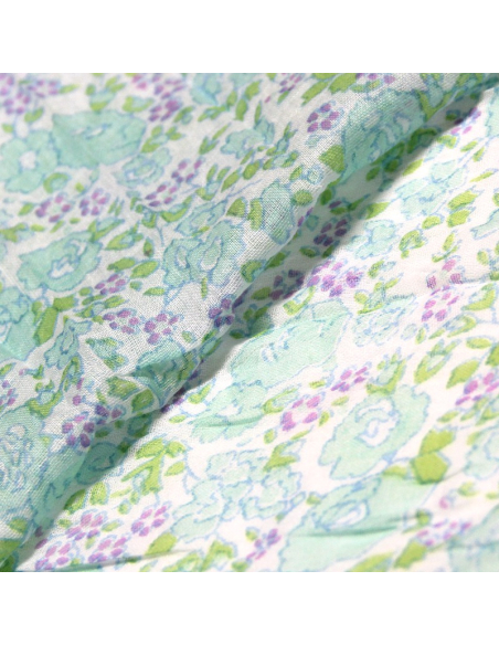 Étole 100% coton -  Fleur turquoise & violet fond blanc