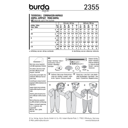 Patron Burda Carnaval 2355 - Déguisement Combinaison animaux bébé 2