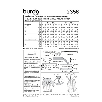 Patron Burda Carnaval 2356 - Déguisement Petit chaperon rouge et Princesse enfant 2