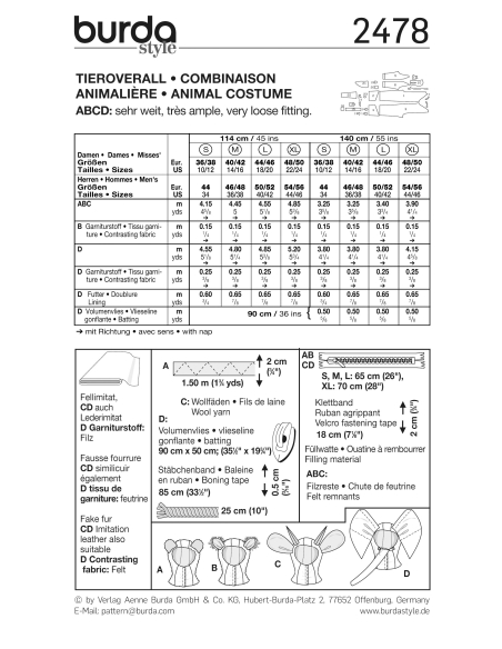 Patron Burda Carnaval 2351 - Combinaison lapin et Licorne Adulte