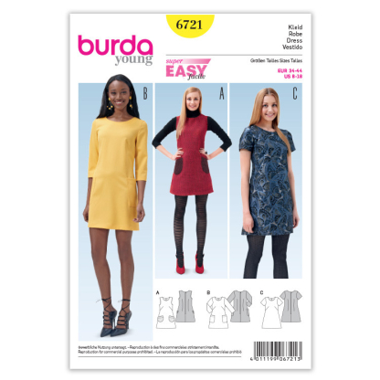 Patron Burda 6721 - Robe droite légèrement évasée avec variations de manches