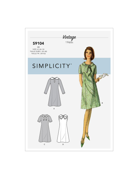 Patron Simplicity 9104.H5 - Robe Vintage rétro Sixties différents cols